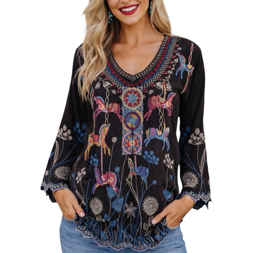 Johnny Was Black Embroidered Carousel Horses V-Neck Blouse